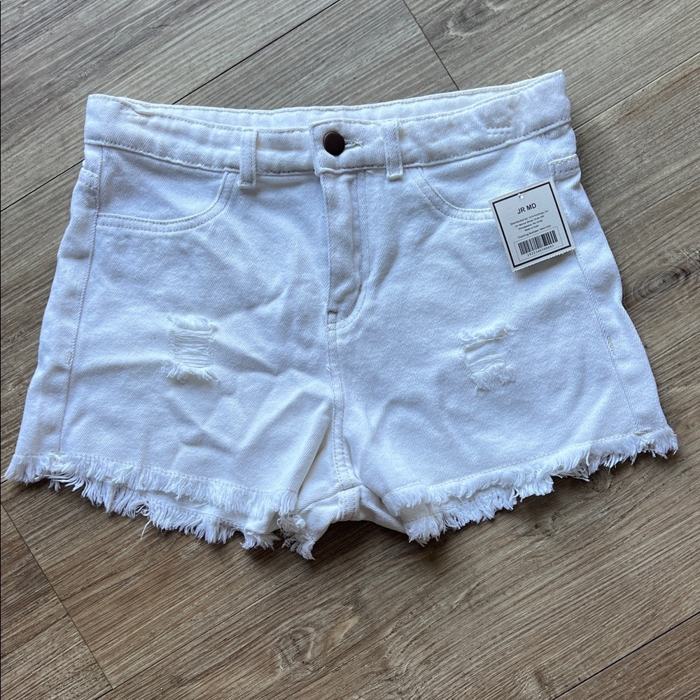 White Distressed Frayed-Hem Denim Shorts